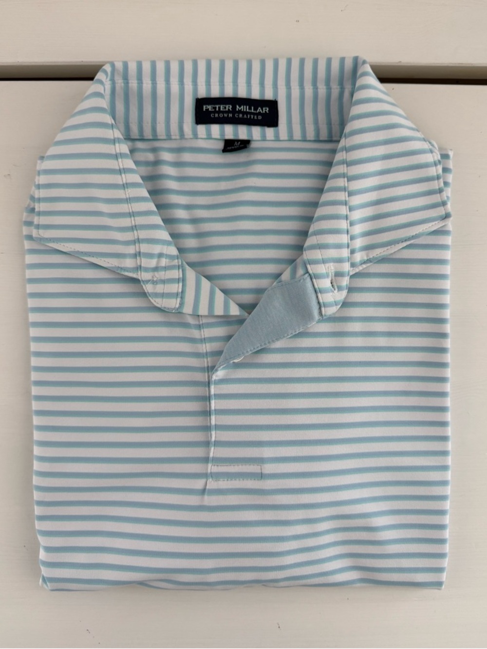 Peter Millar Crown Crafted Polo Medium Blue White Stripe Golf Shirt Stretch